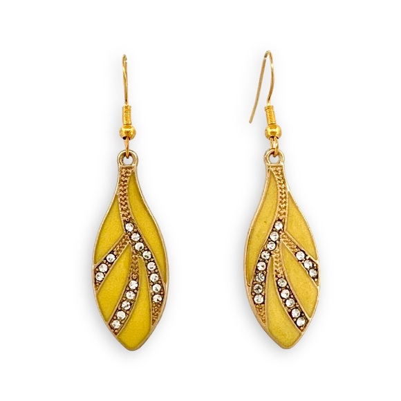 Yellow and Gold Tone Enamel Drop Earrings w/ s925 Sterling Silver Hooks - Picture 4 of 5